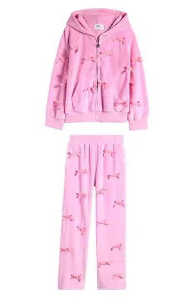 Lola & The Boys Lola + The Boys Kids' Margot Bow Detail Velour Zip-up Hoodie & Wide Pants Set In Pink