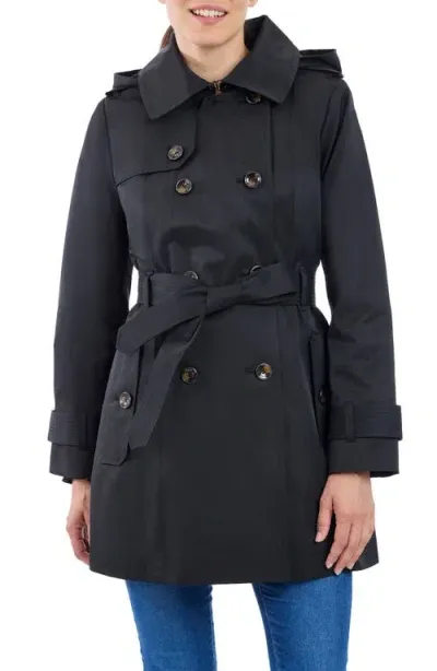 London Fog Hooded Double Breasted Cotton Blend Trench Coat In Black