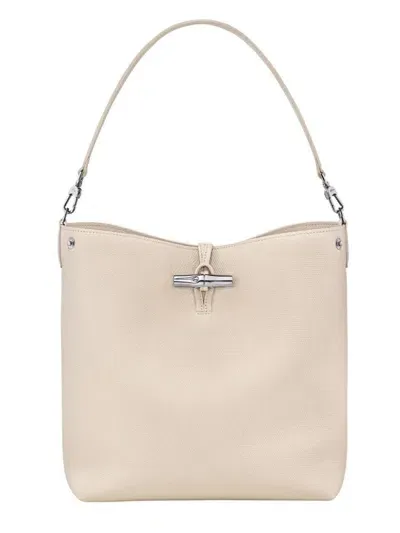 Longchamp Le Roseau White Shoulder Bag With T-bar Closure In Hammered Leather Woman