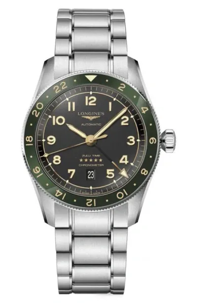 Longines Men's Swiss Automatic Spirit Zulu Time Stainless Steel Bracelet Watch 42mm In Silver And Green Ceramic Bezel