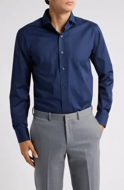 Lorenzo Uomo Trim Fit Solid Stretch Cotton Dress Shirt In Navy