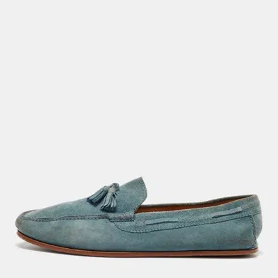 Pre-owned Loro Piana Blue Suede Tassel Detail Slip On Loafers Size 42