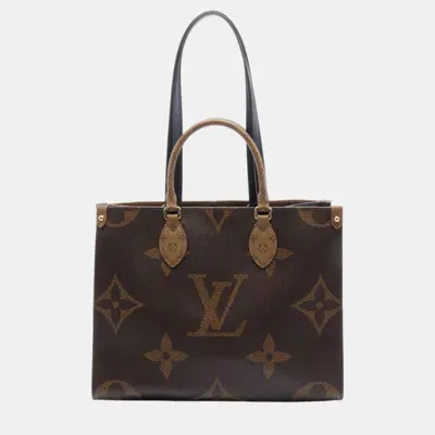 Pre-owned Louis Vuitton Brown Beige Monogram Giant Reverse Leather Coated Canvas On The Go Mm Tote Bag