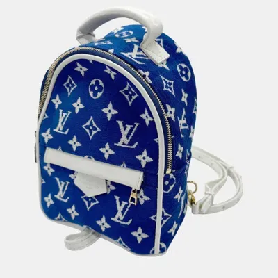 Pre-owned Louis Vuitton Leather Blue White Gold Monogram Jacquard Velvet Palm Springs Mini Backpack