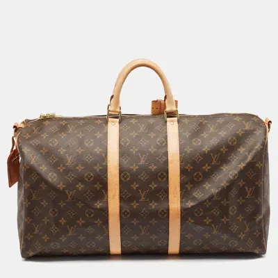 Pre-owned Louis Vuitton Monogram Canvas Keepall Bandouliere 55 Bag In Brown