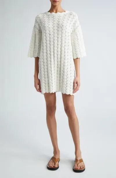 Loulou Studio Short Sleeve Open Stitch Cotton Sweater Dress In Ivory