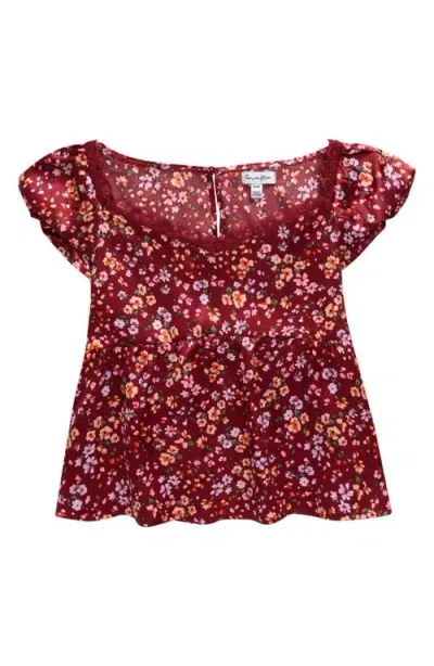 Love, Fire Kids' Floral Cap Sleeve Satin Top In Burgundy Floral