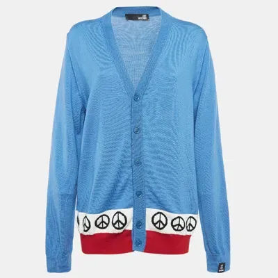 Pre-owned Love Moschino Blue Intarsia Knit Front Button Cardigan L