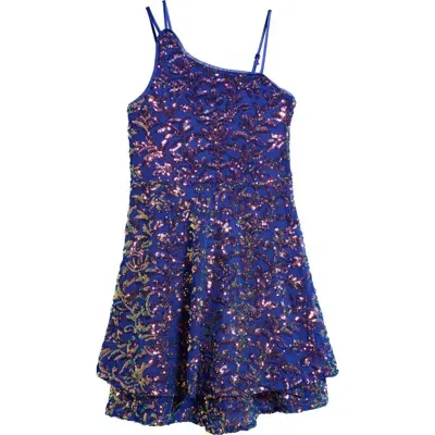 Love, Nickie Lew Kids' Sequin Asymmetric Neck Party Dress In Navy Fuchsia