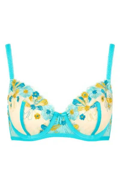 Love, Vera Floral Embrodiered Underwire Demi Bra In Blue Curacao