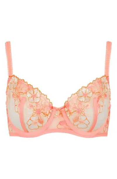 Love, Vera Floral Embrodiered Underwire Demi Bra In Coral