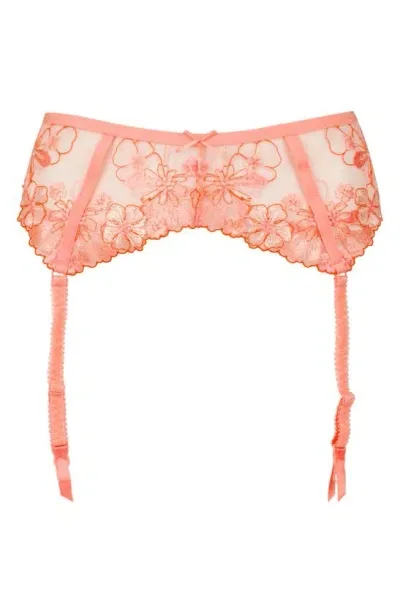 Love, Vera Floral Embroidered Garter Belt In Coral