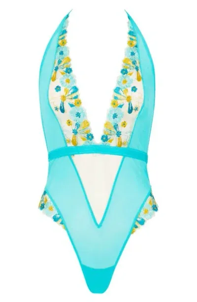 Love, Vera Plunge Floral Embroidered Bodysuit In Blue Curacao