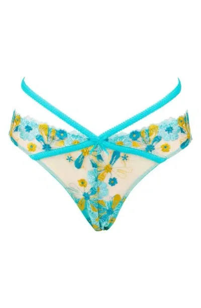 Love, Vera Strappy Mesh & Floral Embroidered Briefs In Blue Curacao