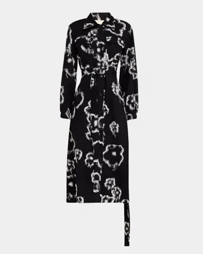 Lovebirds Iris Garden Fringed Floral Twill Midi Shirtdress In Black