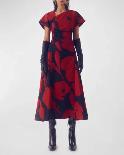 Lovebirds Regalia Floral-print Asymmetric Midi Dress In Black Red