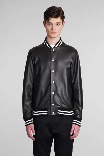 Low Brand Baseball-collar Leather Bomber Jacket In Jet Black