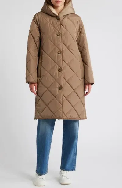 Lucky Brand Cozy Diamond Quilted Faux Shearling Lined Coat In Khaki