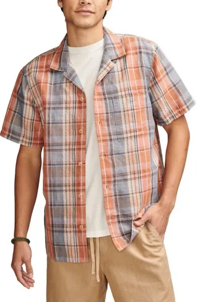 Lucky Brand Plaid Linen Blend Camp Shirt In Orange Plaid