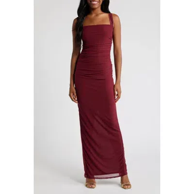 Lulus Amazing Presence Ruched Mesh Cocktail Dress In Burgundy