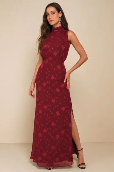 Lulus Classic Elegance Burgundy Burnout Mock Neck Maxi Dress