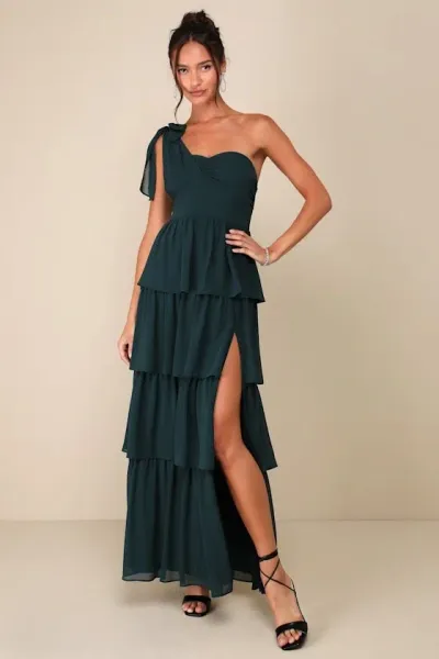 Lulus Elevated Vision Emerald Green One-shoulder Tiered Maxi Dress