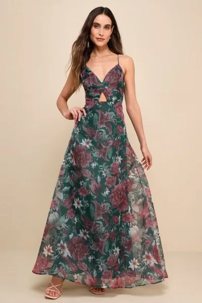 Lulus Enchanting Entrance Green Floral Organza Keyhole Maxi Dress