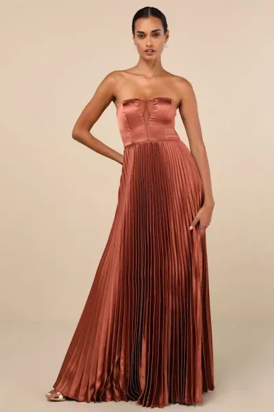 Lulus Perfected Elegance Mauve Satin Pleated Strapless Maxi Dress