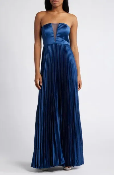 Lulus Perfected Elegance Strapless Pleated Satin Gown In Blue