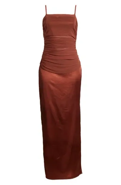 Lulus Perfected Essence Mesh Overlay Satin Maxi Cocktail Dress In Rust Brown