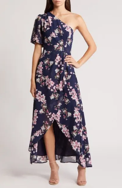 Lulus Sensational Perfection Floral One-shoulder High-low Gown In Navy/pink