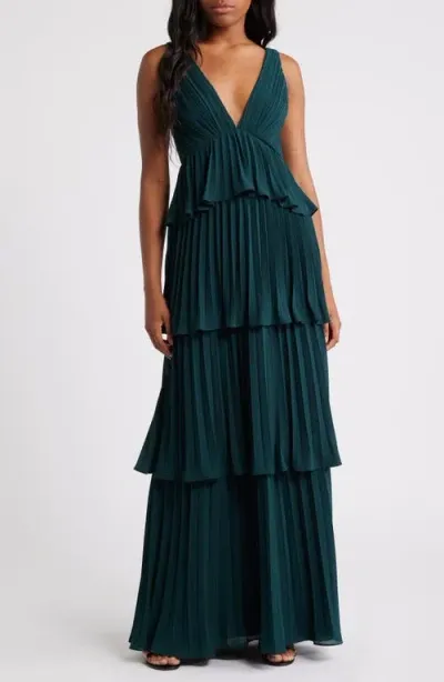 Lulus Tiered Gown Pleated In Emerald Green