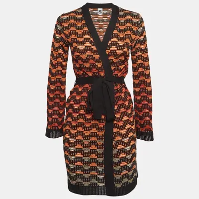 Pre-owned M Missoni Orange/black Patterned Knit Belted Cardigan S