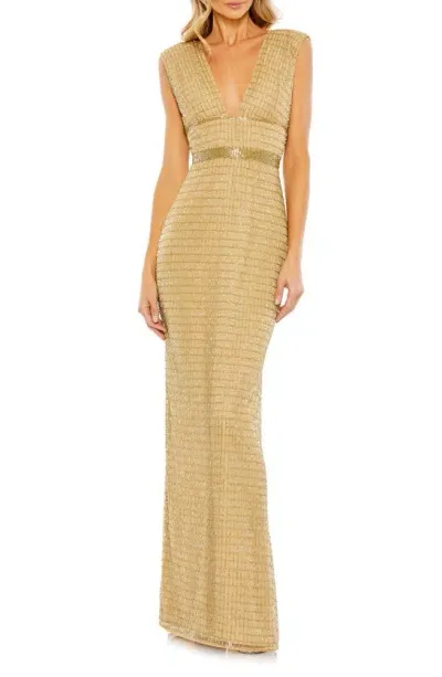 Mac Duggal Beaded Cap Sleeve V Neck Column Gown In Gold