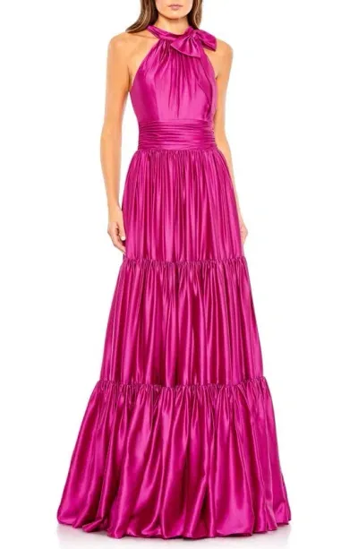 Mac Duggal Ruffle Tiered Halter Neck Gown In Fuchsia