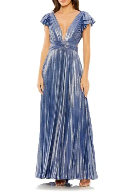 Mac Duggal Metallic Lace-up Back Ruffle Sleeve Plissé Gown In Blue