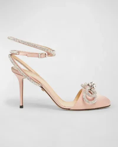 Mach & Mach Double Bow Satin Strass Ankle-strap Pumps In Nude