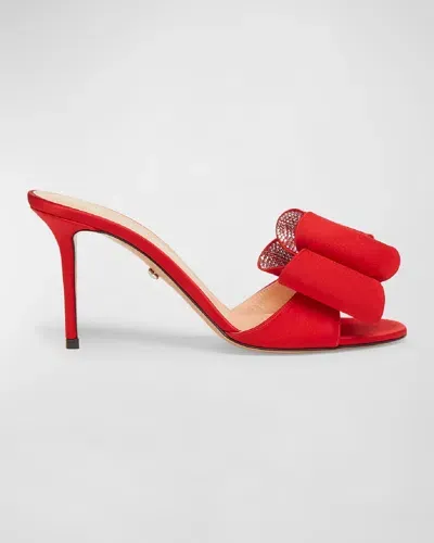 Mach & Mach Le Cadeau Satin Crystal-bow Slide Sandals In Red