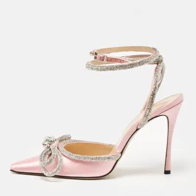 Pre-owned Mach & Mach Pink Satin Crystal Embellished Double Bow Pumps Size 40