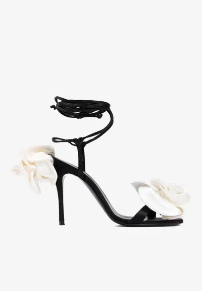 Magda Butrym 105 Double Flower Satin Sandals In Black