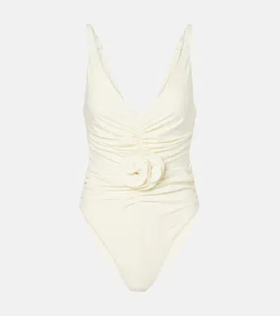 Magda Butrym Floral-appliqué Ruched Swimsuit In White