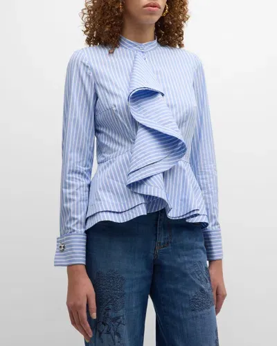 Maison Common Cotton Stripe Ruffled Shirt With Western Embroidered Back In Medium Blue