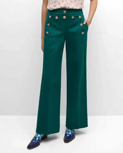 Maison Common Sailor Buttoned Cotton Stretch Pants In Dark Green