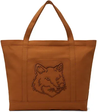 Maison Kitsuné Brown Fox Head Large Tote In Fawn Brown