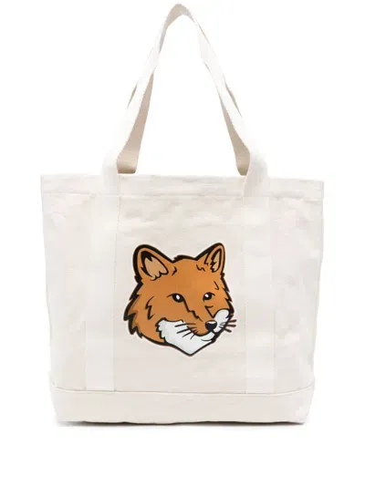 Maison Kitsuné Fox Head Canvas Tote Bag In Neutrals