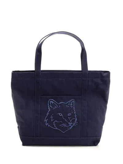 Maison Kitsuné Fox Head Embroidered Large Tote Bag In Blue