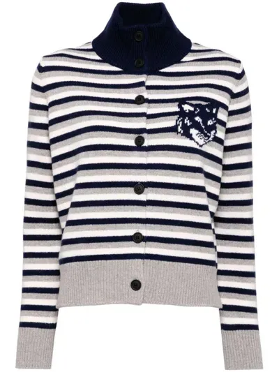 Maison Kitsuné Fox Head Intarsia Striped Regular Cardigan In Blue