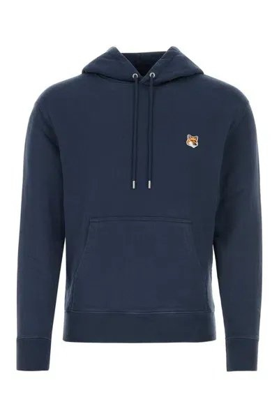 Maison Kitsuné Logo Hooded Cotton Sweatshirt In Blue