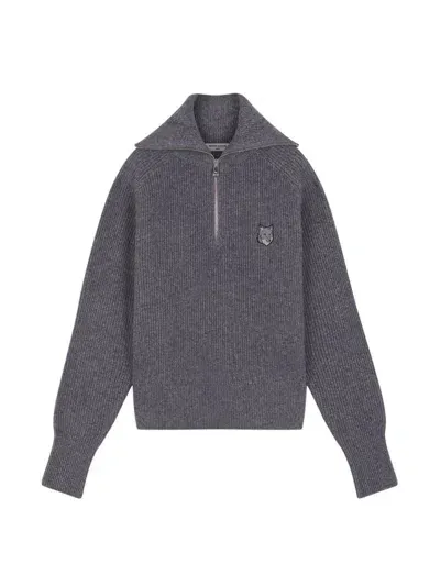 Maison Kitsuné Maison Kitsune` Fox Patch Ribbed Knit Jumper In Grey