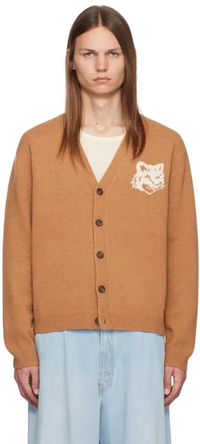 Maison Kitsuné Tan Fox Head Intarsia Cardigan In Beige